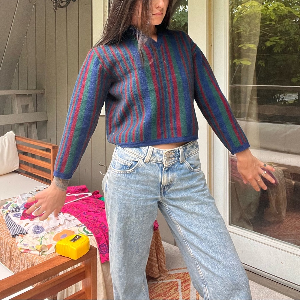 Vintage Vertical Stripe 3/4 Sleeve Sweater